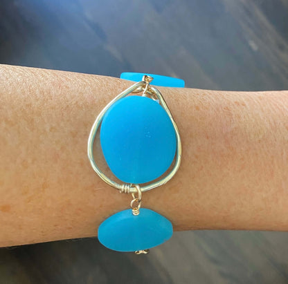 Artisan Aqua Blue Frosted Glass Bracelet Handmade in USA
