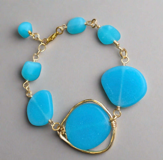 Artisan Aqua Blue Frosted Glass Bracelet Handmade in USA