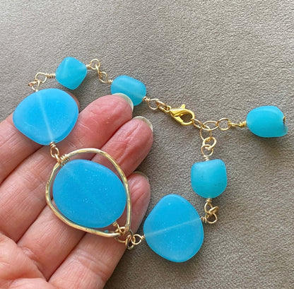 Artisan Aqua Blue Frosted Glass Bracelet Handmade in USA