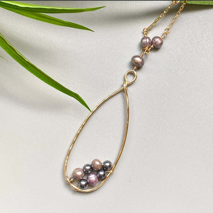Peacock Pearl and Teardrop Hoop Pendant Necklace Handmade in USA