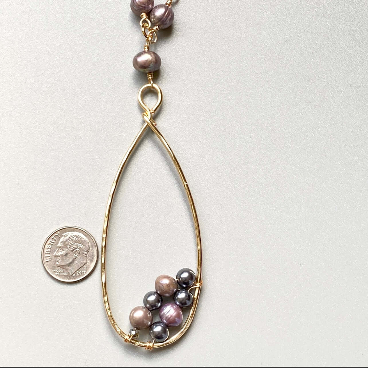 Peacock Pearl and Teardrop Hoop Pendant Necklace Handmade in USA