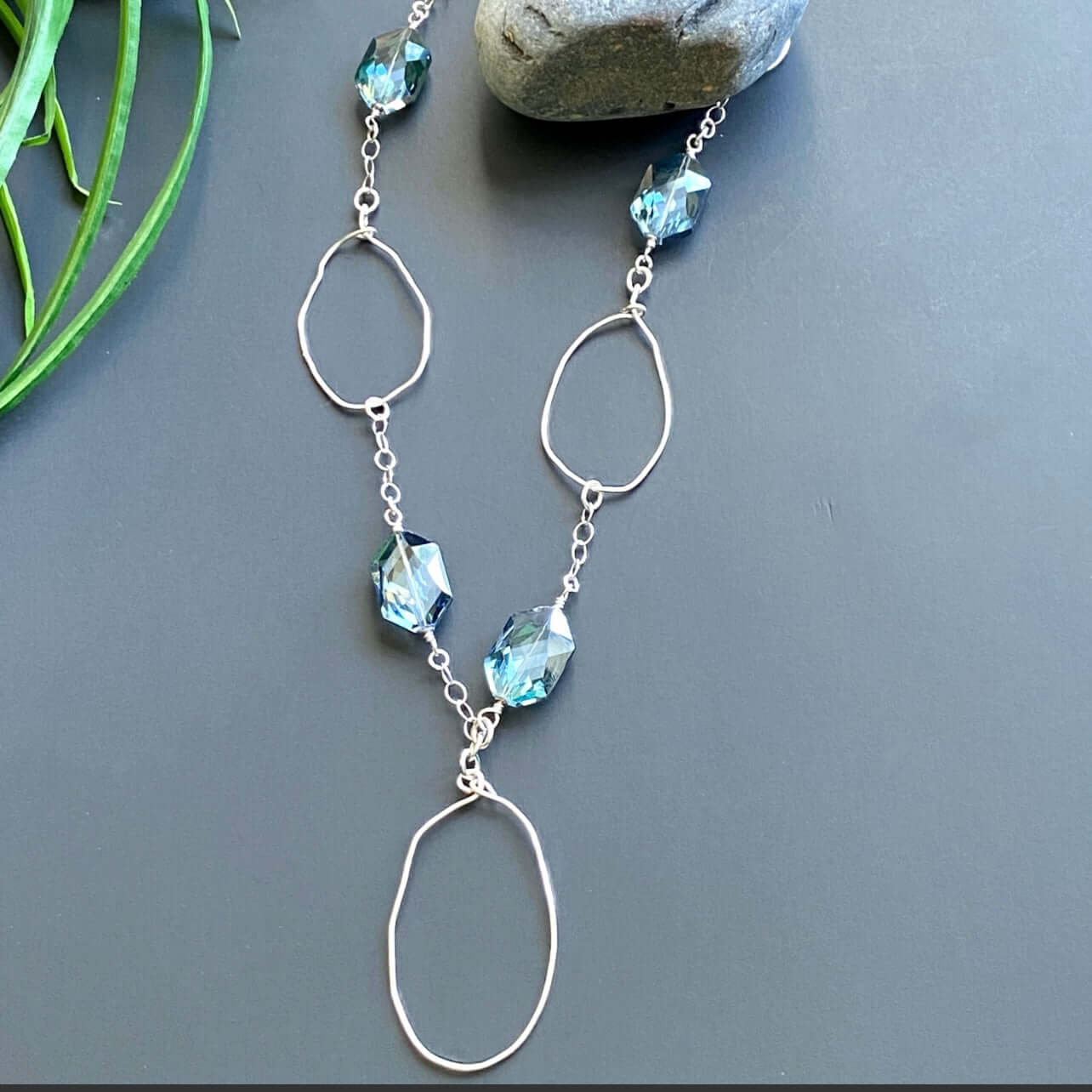 Blue Crystals Hand Crafted Long Drop Necklace Made in USA