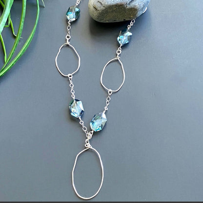 Blue Crystals Hand Crafted Long Drop Necklace Made in USA