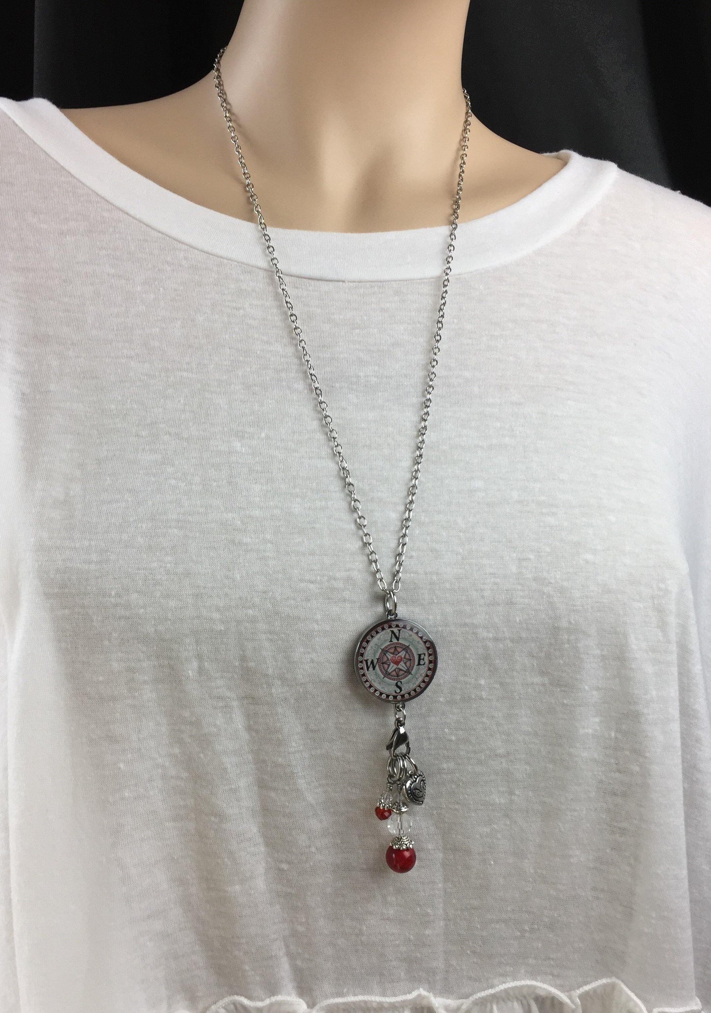 Red Crystal Reversible Dangle Compass Inspirational Necklace Made in USA