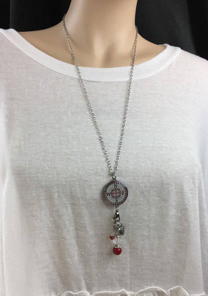 Red Crystal Reversible Dangle Compass Inspirational Necklace Made in USA