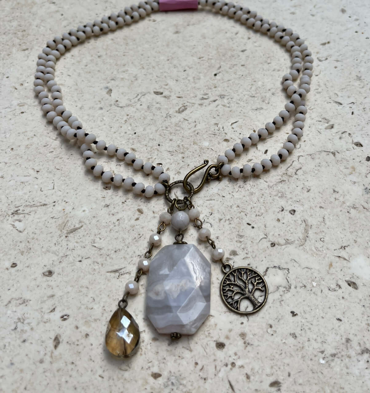 Creamy Steele Gray & White Natural Stone Beaded Charm Necklace Made in USA