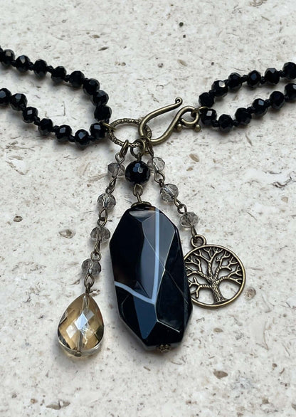 Sophisticated Black Onyx Natural Gemstone Beaded Charm Necklace