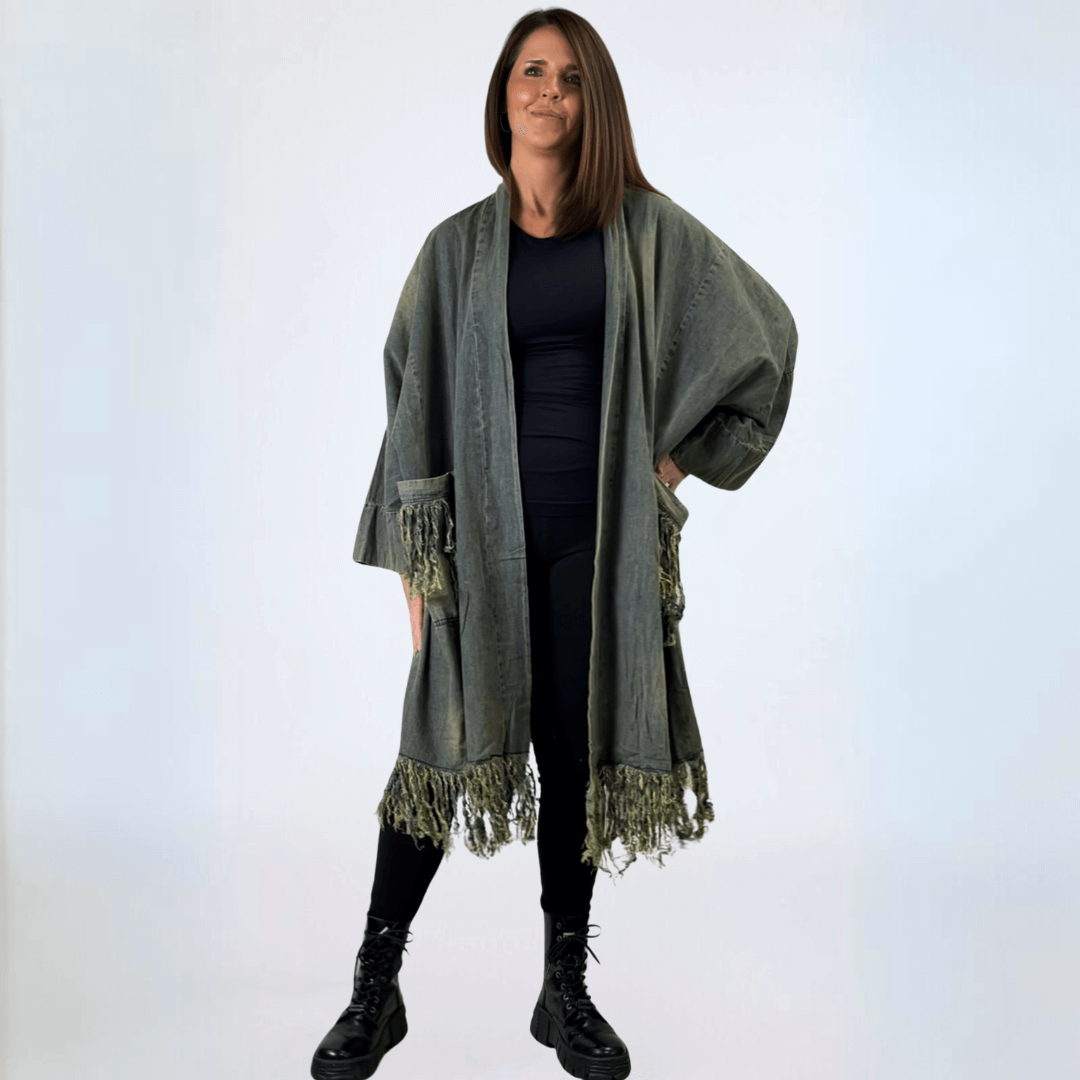 Jaded Gypsy Distressed Denim Fringe Duster