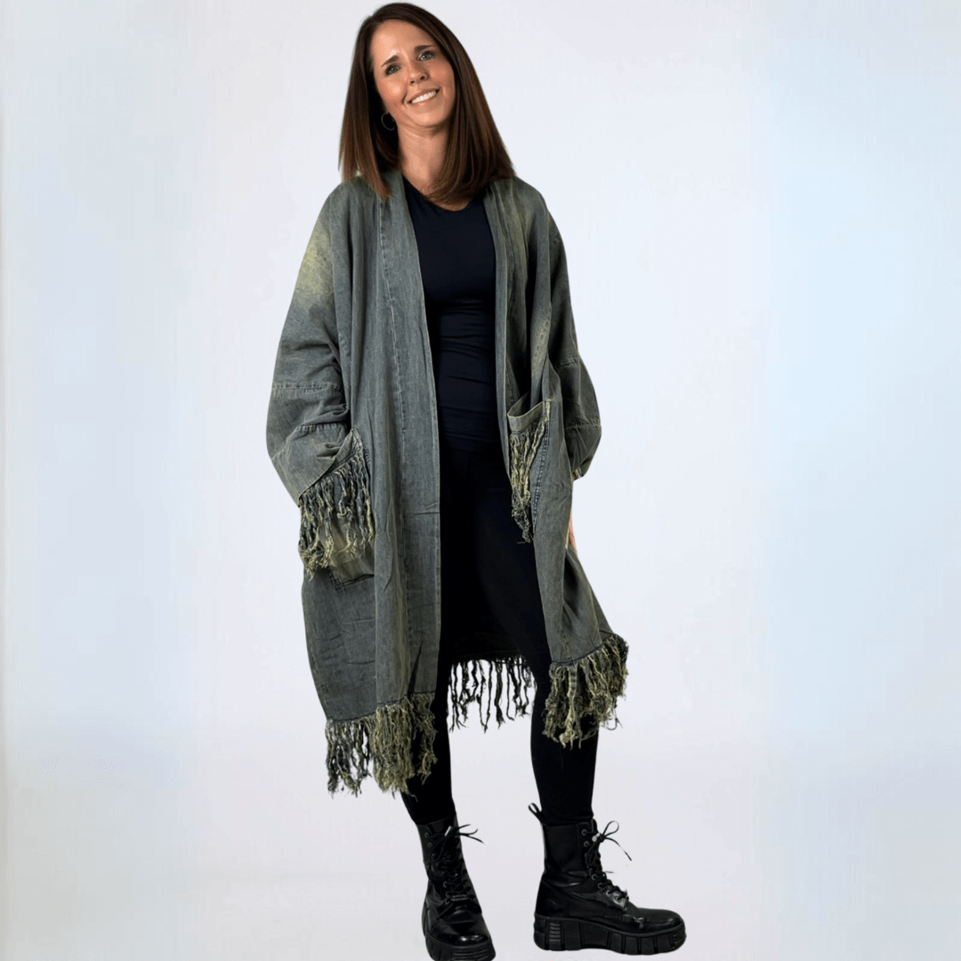Jaded Gypsy Distressed Denim Fringe Duster