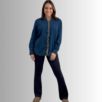 Cutting Edge Button Down Lace Detail Denim Top