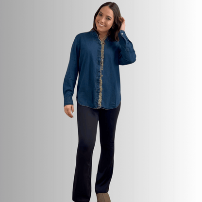 Cutting Edge Button Down Lace Detail Denim Top