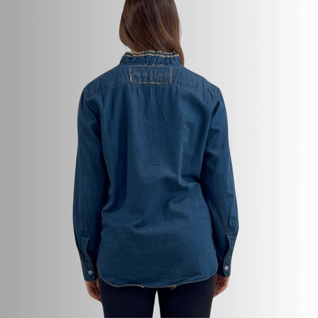 Cutting Edge Button Down Lace Detail Denim Top