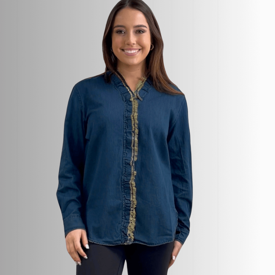 Cutting Edge Button Down Lace Detail Denim Top