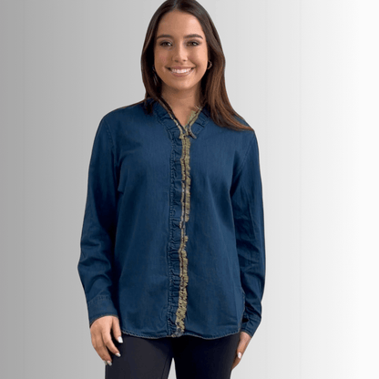 Cutting Edge Button Down Lace Detail Denim Top