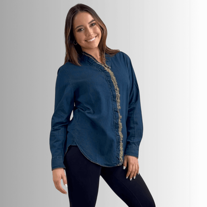 Cutting Edge Button Down Lace Detail Denim Top