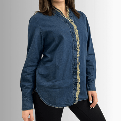 Cutting Edge Button Down Lace Detail Denim Top