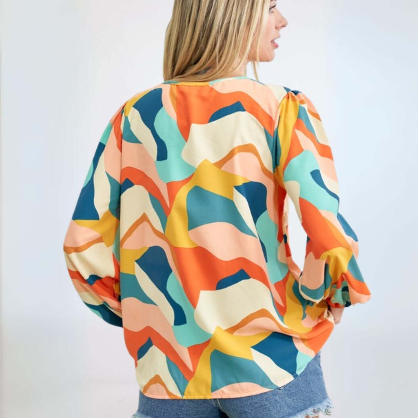 Be Colorful V-Neck Printed Blouse Made in USA