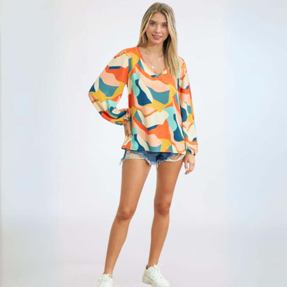 Be Colorful V-Neck Printed Blouse Made in USA