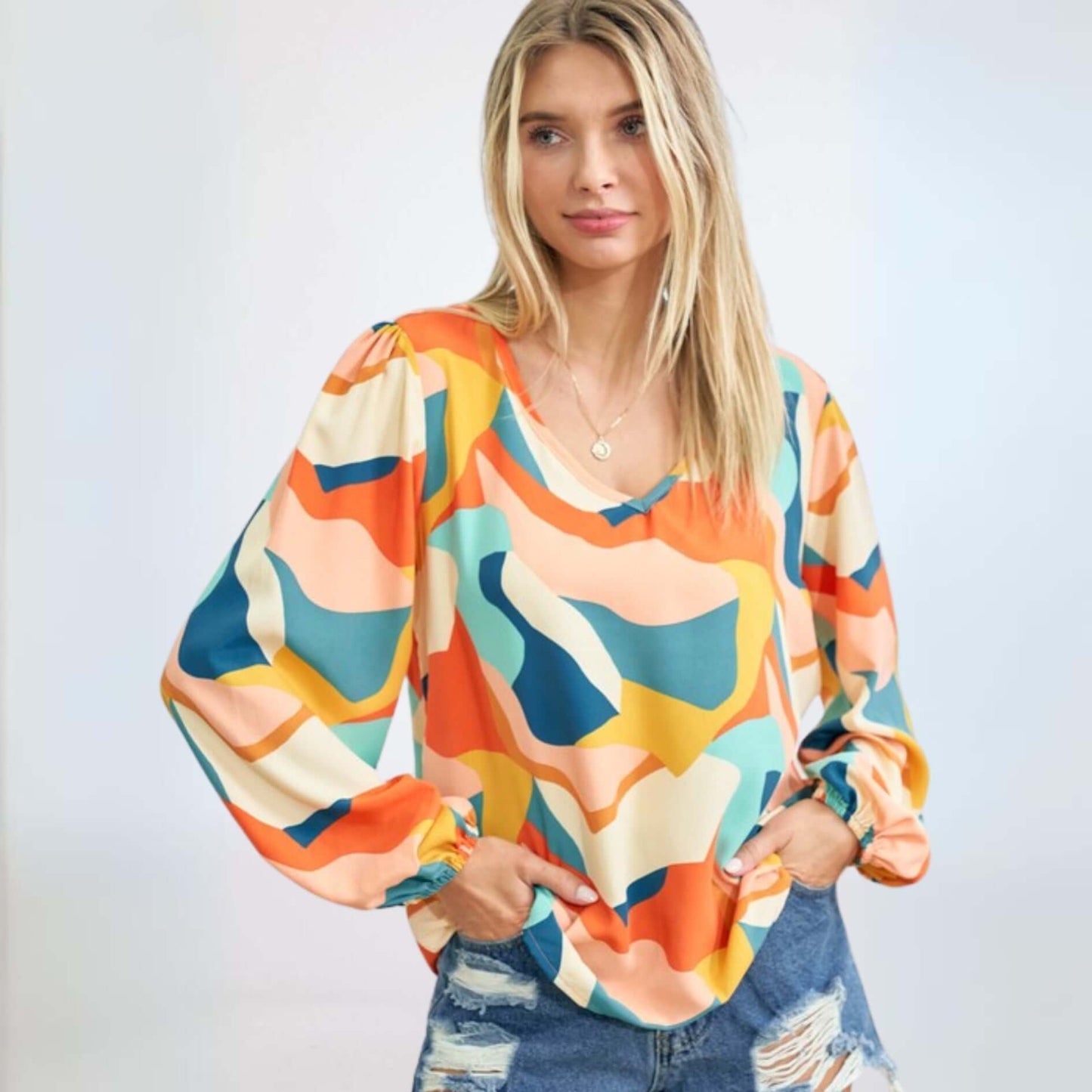 Be Colorful V-Neck Printed Blouse Made in USA