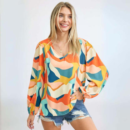 Be Colorful V-Neck Printed Blouse Made in USA