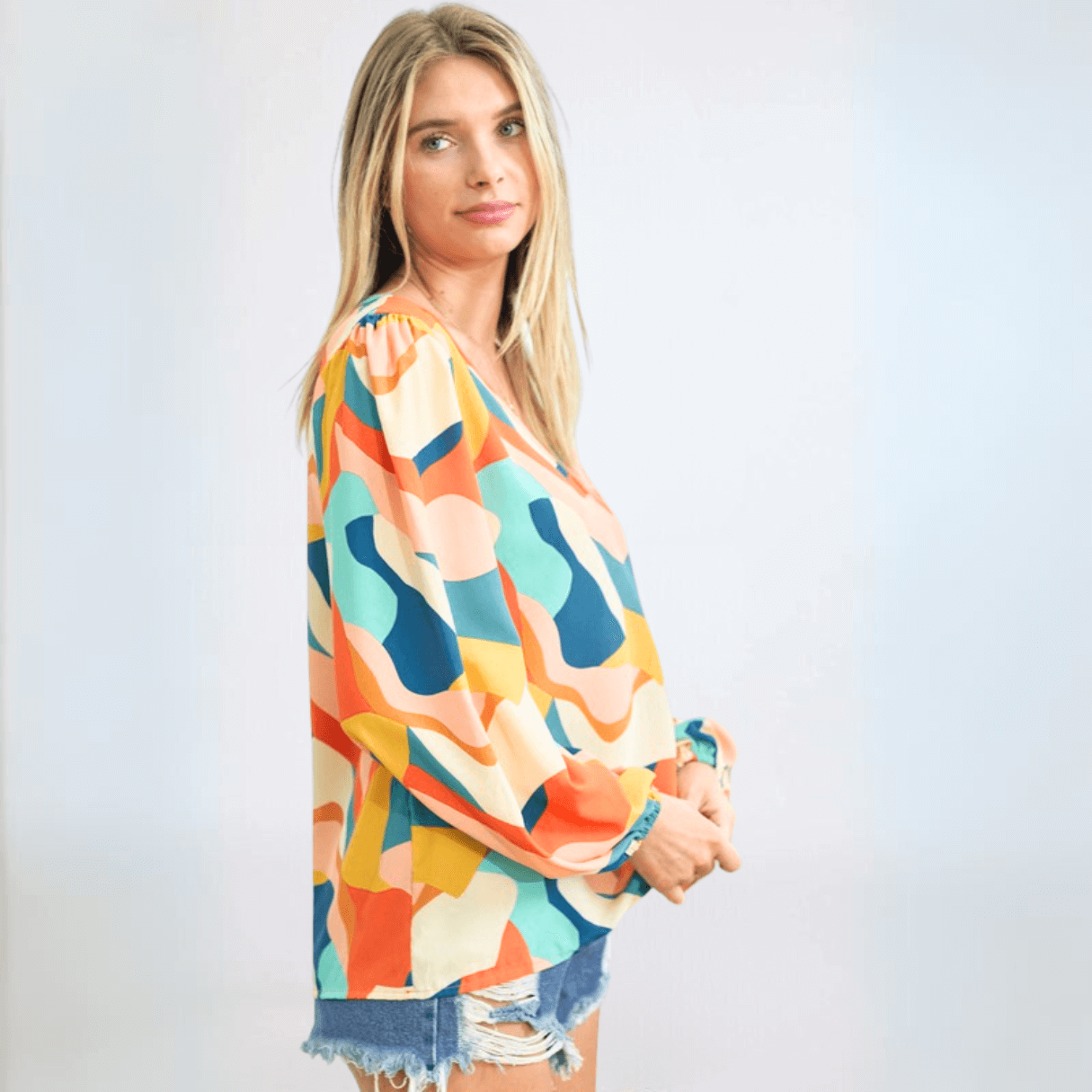Be Colorful V-Neck Printed Blouse Made in USA