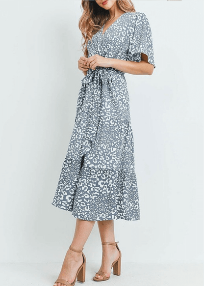 Laurel Leopard Print Midi Dress in Gray