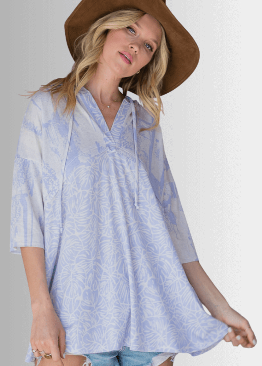 Summery Tropical Pale Indigo Hoodie Tunic