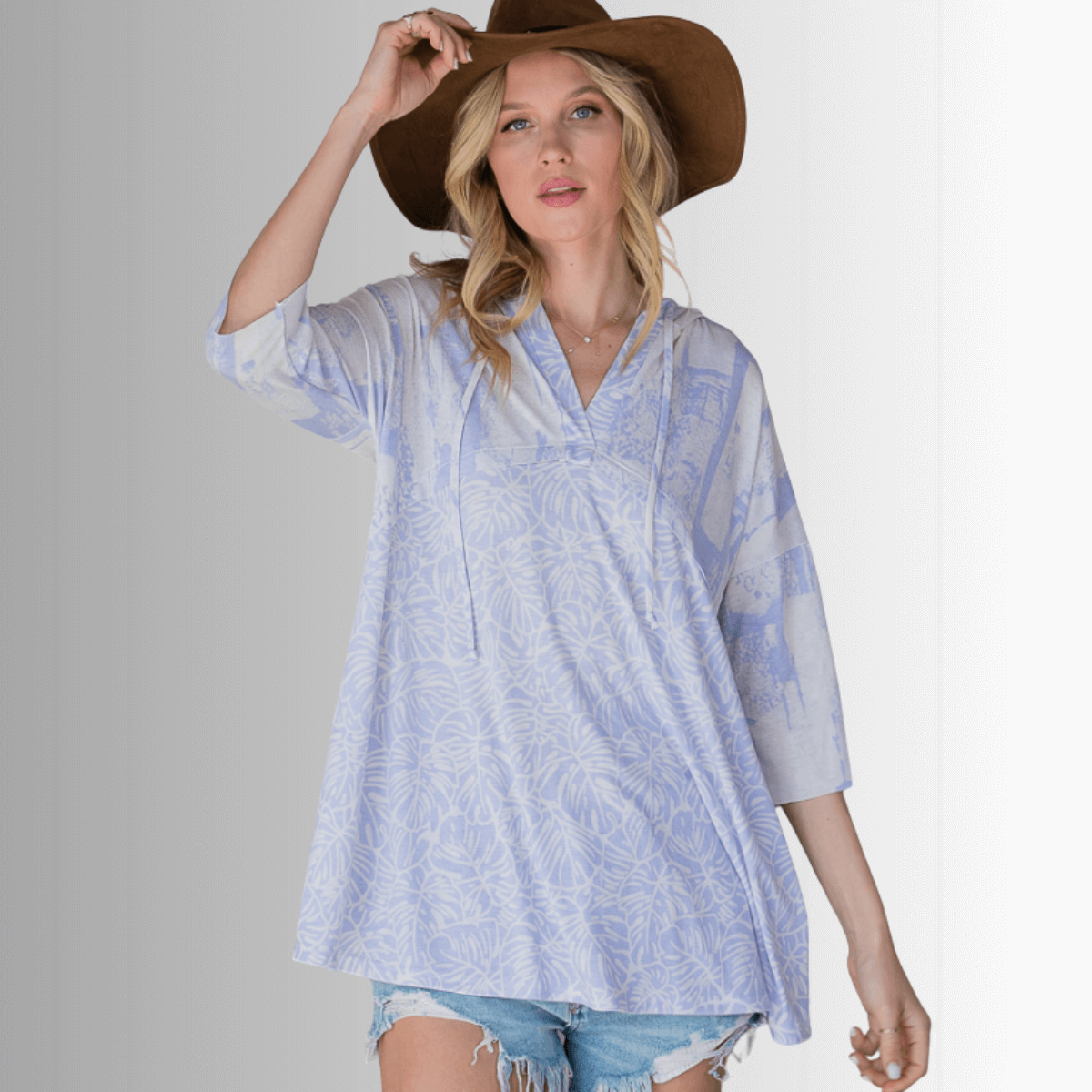 Summery Tropical Pale Indigo Hoodie Tunic