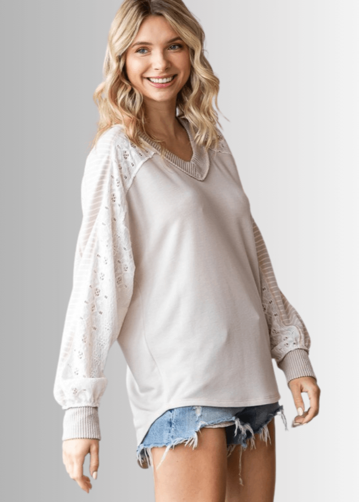 Kayleigh Mixed Fabric Lace Detail Long Sleeve Top