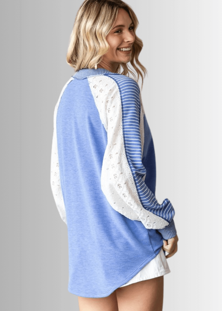 Kayleigh Mixed Fabric Lace Detail Long Sleeve Top