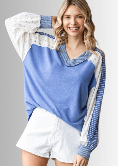 Kayleigh Mixed Fabric Lace Detail Long Sleeve Top