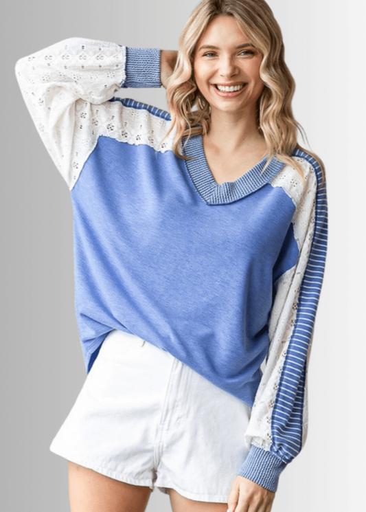 Kayleigh Mixed Fabric Lace Detail Long Sleeve Top