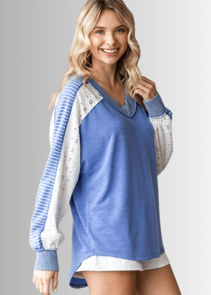 Kayleigh Mixed Fabric Lace Detail Long Sleeve Top