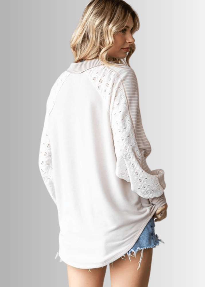 Kayleigh Mixed Fabric Lace Detail Long Sleeve Top