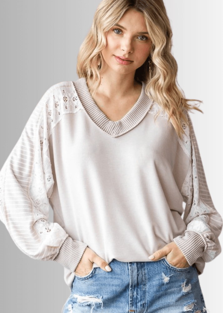 Kayleigh Mixed Fabric Lace Detail Long Sleeve Top
