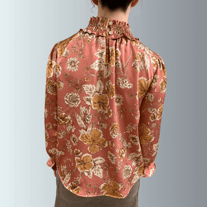 Mauve Floral Smocked Mock Neck Top Made in USA