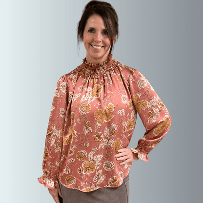 Mauve Floral Smocked Mock Neck Top Made in USA