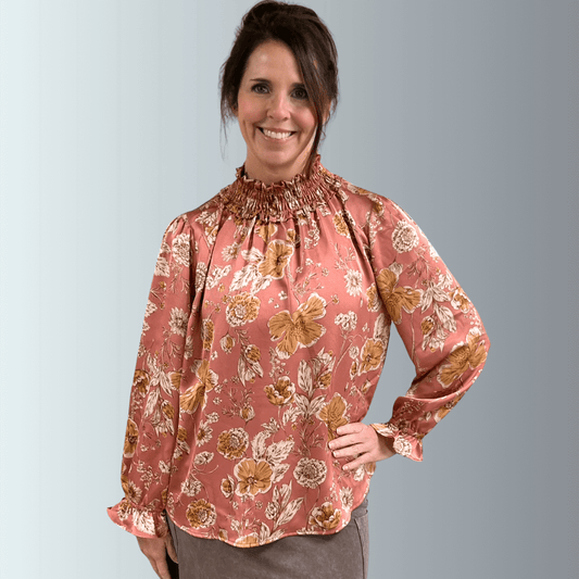Mauve Floral Smocked Mock Neck Top Made in USA