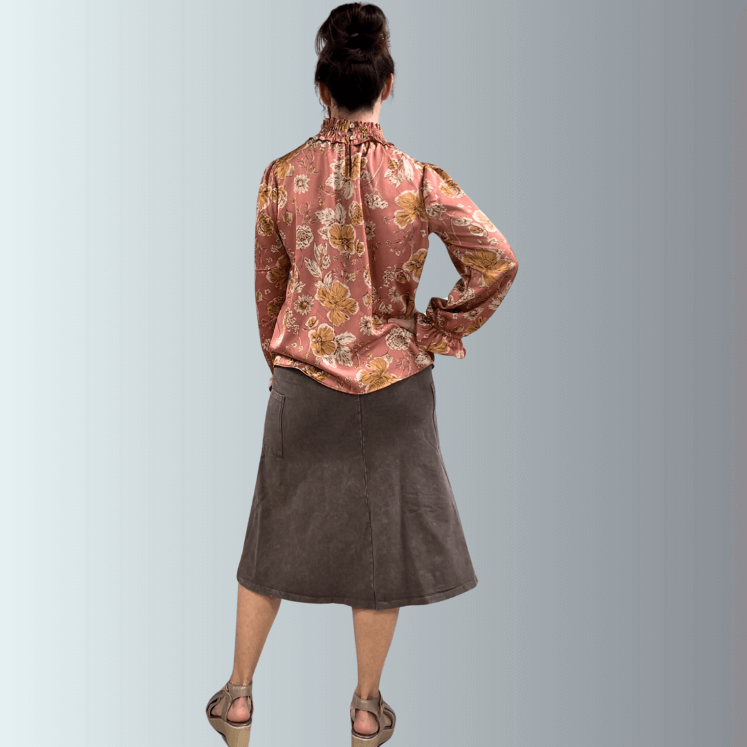 Mauve Floral Smocked Mock Neck Top Made in USA