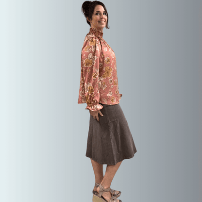 Mauve Floral Smocked Mock Neck Top Made in USA