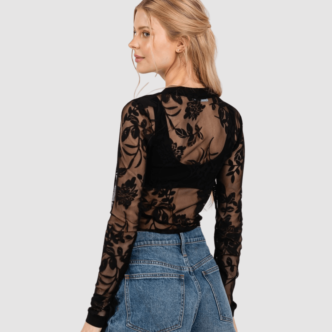 Floral Lace Sheer Bodysuit in Black Made in USA