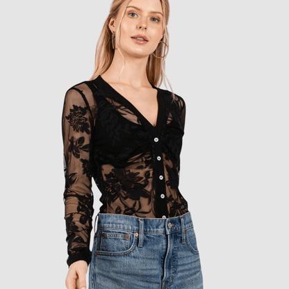 Floral Lace Sheer Bodysuit in Black Made in USA