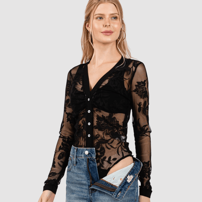 Floral Lace Sheer Bodysuit in Black Made in USA