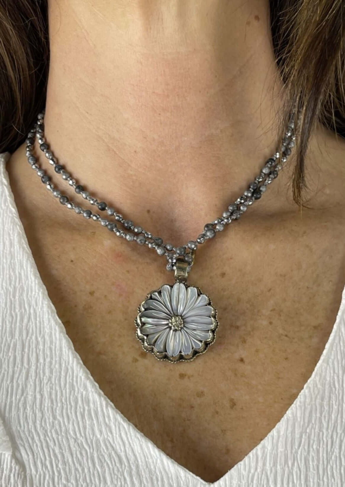 Mother of Pearl Daisy Necklace Made in USA
