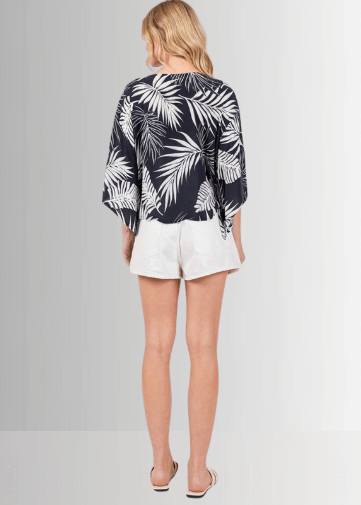 Navy Tropical Palm Kimono Top