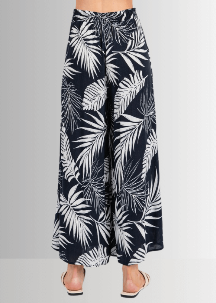 Navy Tropical Palm Wide Leg Pants