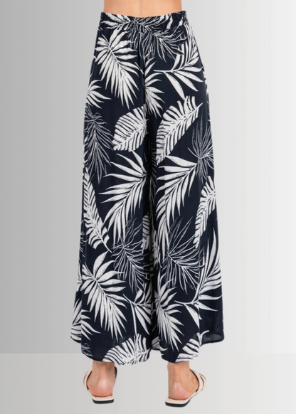 Navy Tropical Palm Wide Leg Pants