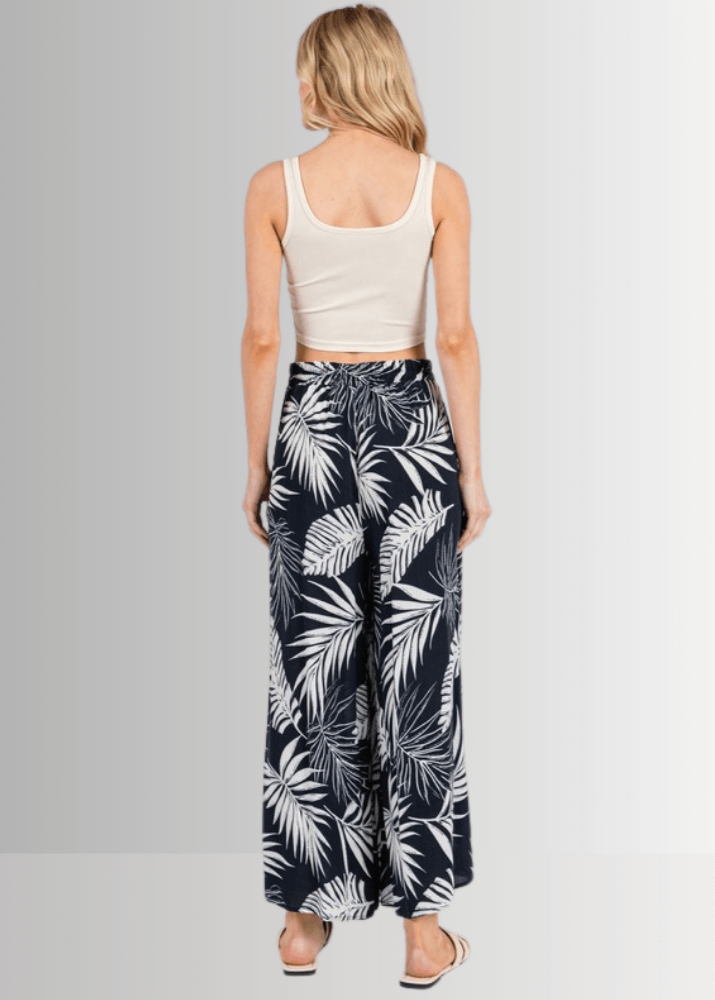 Navy Tropical Palm Wide Leg Pants