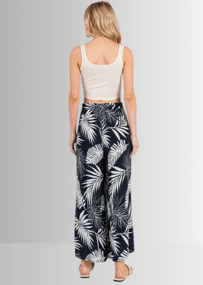 Navy Tropical Palm Wide Leg Pants