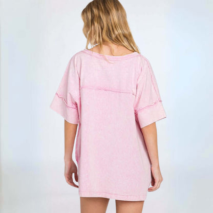 All Cotton Pink Mineral Washed V-Neck Made in USA
